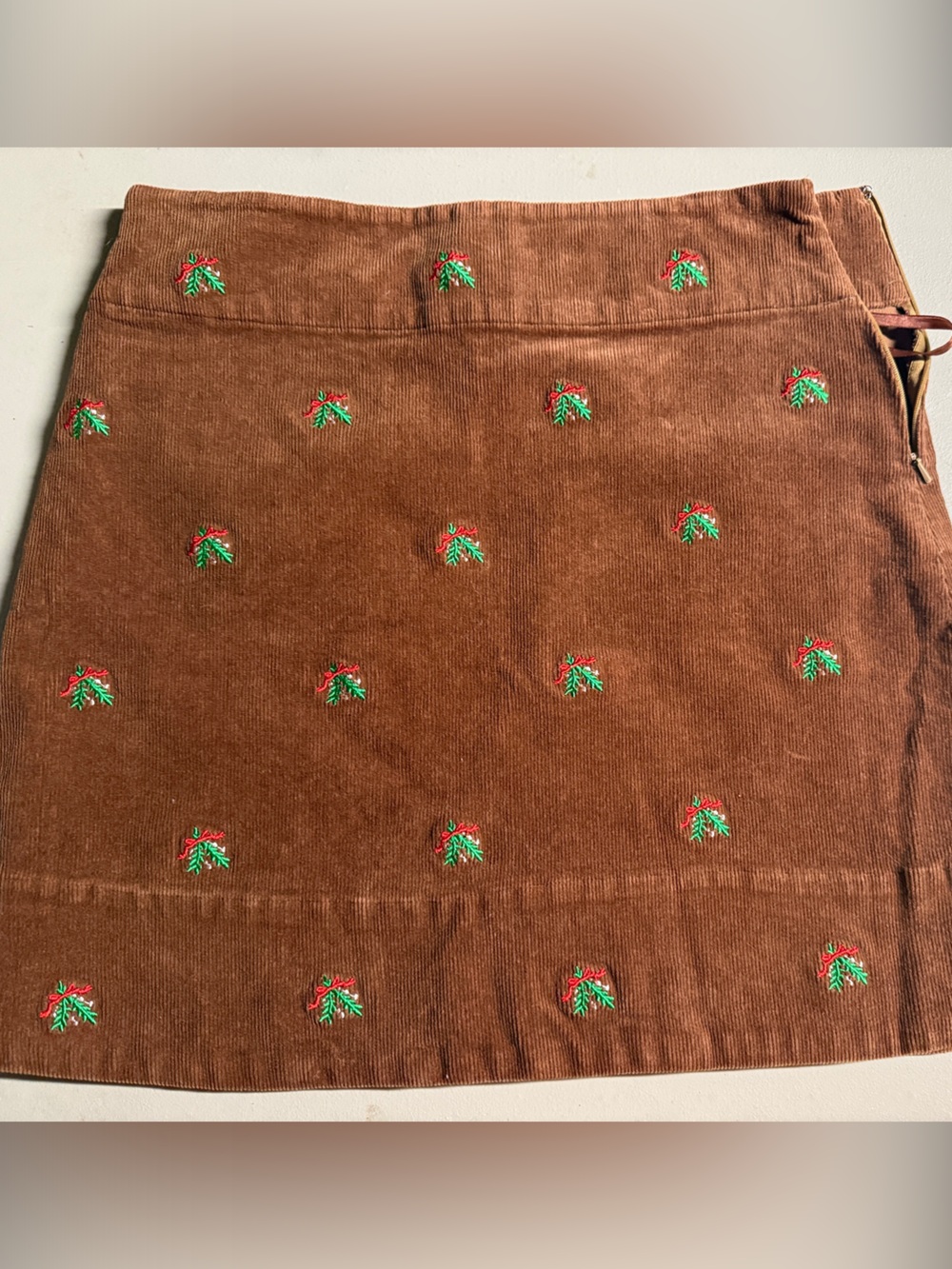 Brown Corduroy Mini Skirt with Embroidered Holly